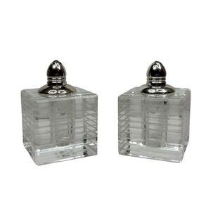 Bad ash Crystal Salt & Pepper Shaker Set Square Ribbed Clear Glass Silver Top